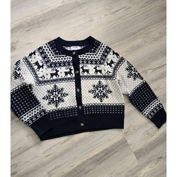 Old Navy Christmas Cardigan  Deer Snowflake Fair Isle Navy Nordic Classic Size L - Picture 3 of 7